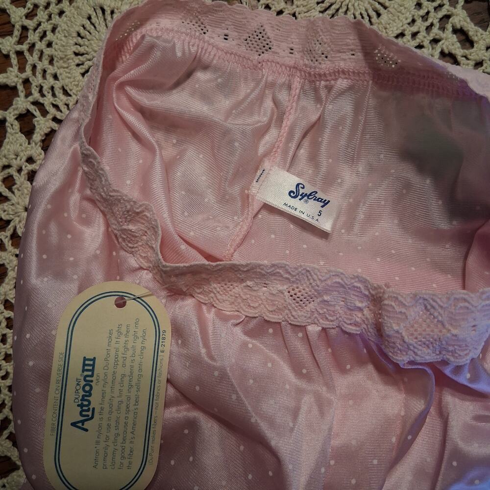 Sylray nwt vintage panties wmns 5 USA nylon lt pink polka dot lace Dupont Antron - Picture 2 of 4